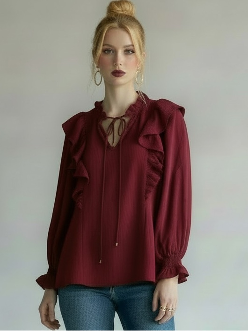 Entro Dark Burgundy Long Sleeve Ruffle Top Women’s Size S